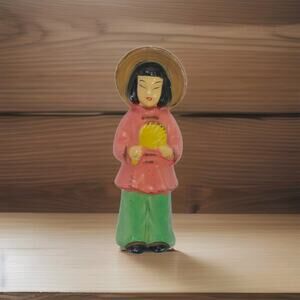 Vintage Made in Japan Woman With Fan Ceramic Figurine MCM Pink Shirt Green Pants